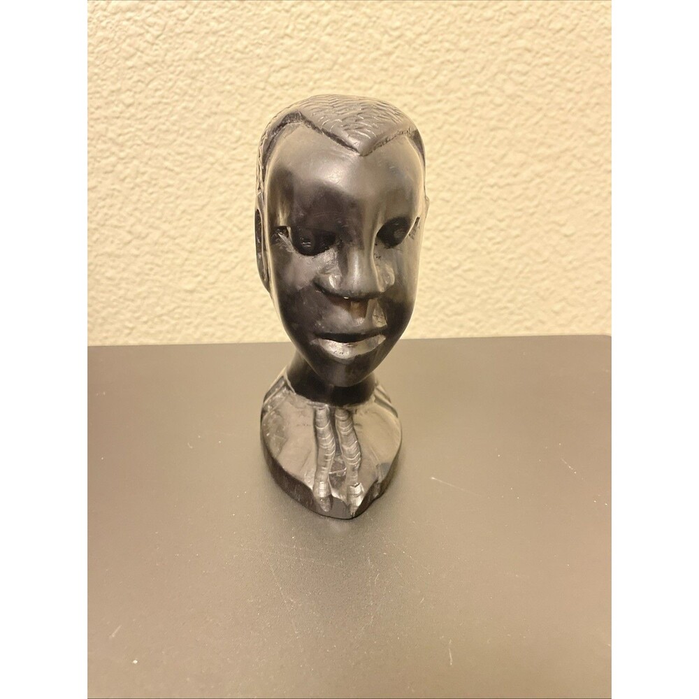 ANTIQUE CARVED AFRICAN HEAD BUST STATUE EBONY WOOD SCULPTURE COLLECTIBLE ART